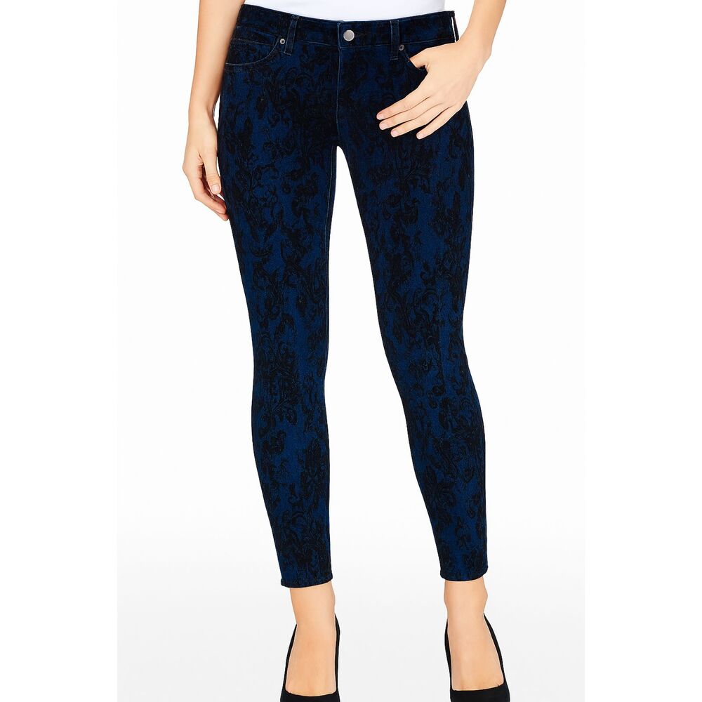 Free People Brocade Flocked Skinny Indigo Blue Floral Jeans Size 24 - Picture 1 of 11
